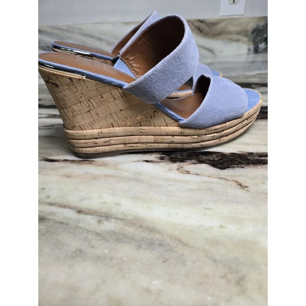 FRANCO SARTO Size 7.5 Light Blue Leather Wedge Heel Sandal Shoes‎ Cork